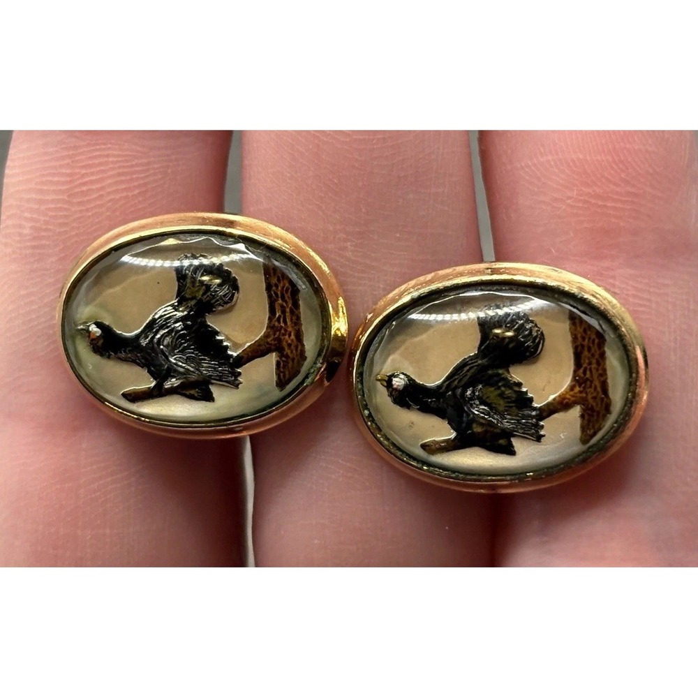 Vintage Reverse Carved Essex Glass Grouse Bird Crow Tree Cufflinks Gold Tone